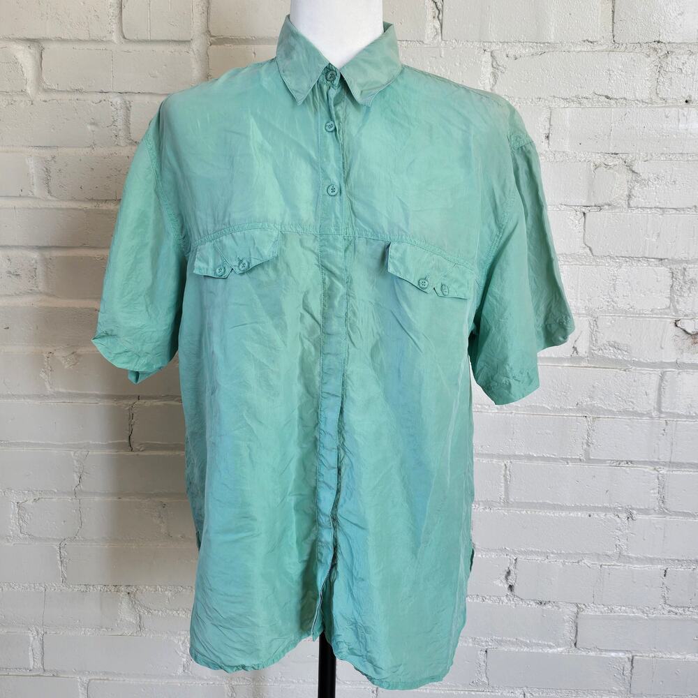 ​Vintage 90s Raw Silk Utility Safari Shirt Seafoam Mint Green Short Sleeve S